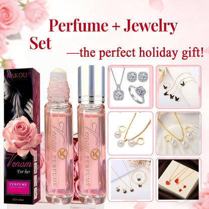 Pheromone Perfume & Jewelry Gift Set for Women Long Lasting 6-8 Hours - 2 Piece Fragrance Accessory Bundle - 6 Jewelry Styles for Dates Valentine Birthday Anniversary