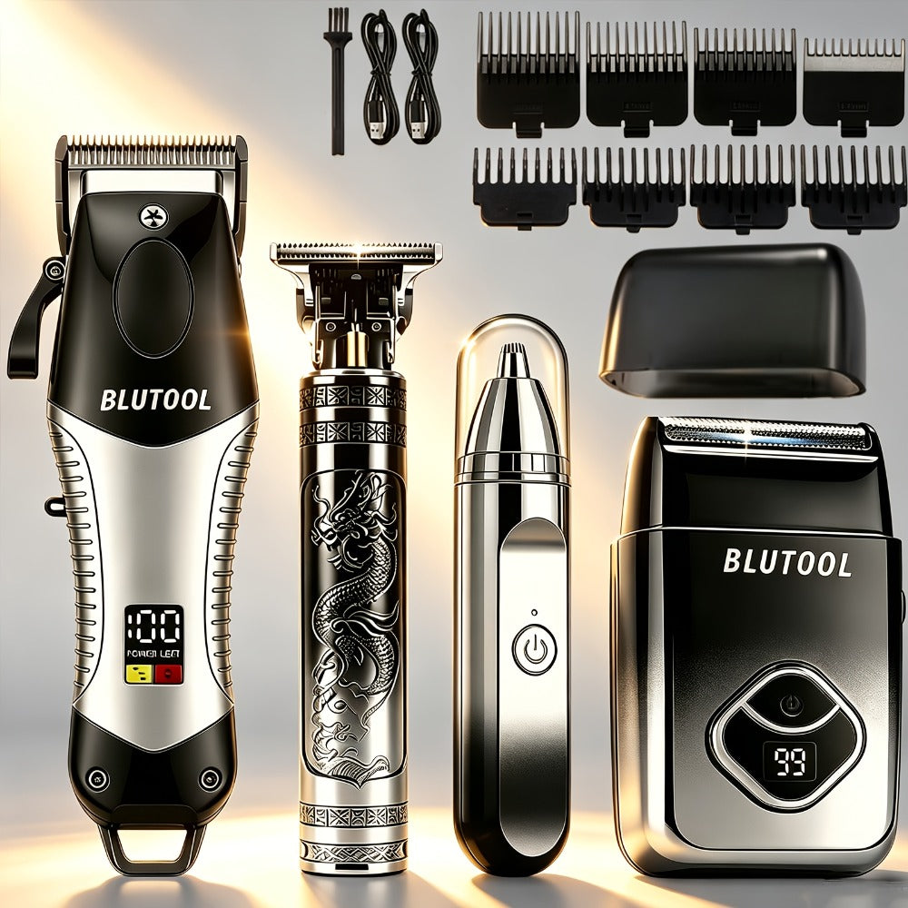 4-in-1 Cordless Men' Hair Clippers & Beard Trimmer with Electric Shaver & Nose Trimmer - Rechargeable Professional Hair Cutting System Suitable for Barbershop, Home Use, Gift for Dad, Husband, Birthday/Christmas Present - -in- Grooming Kit