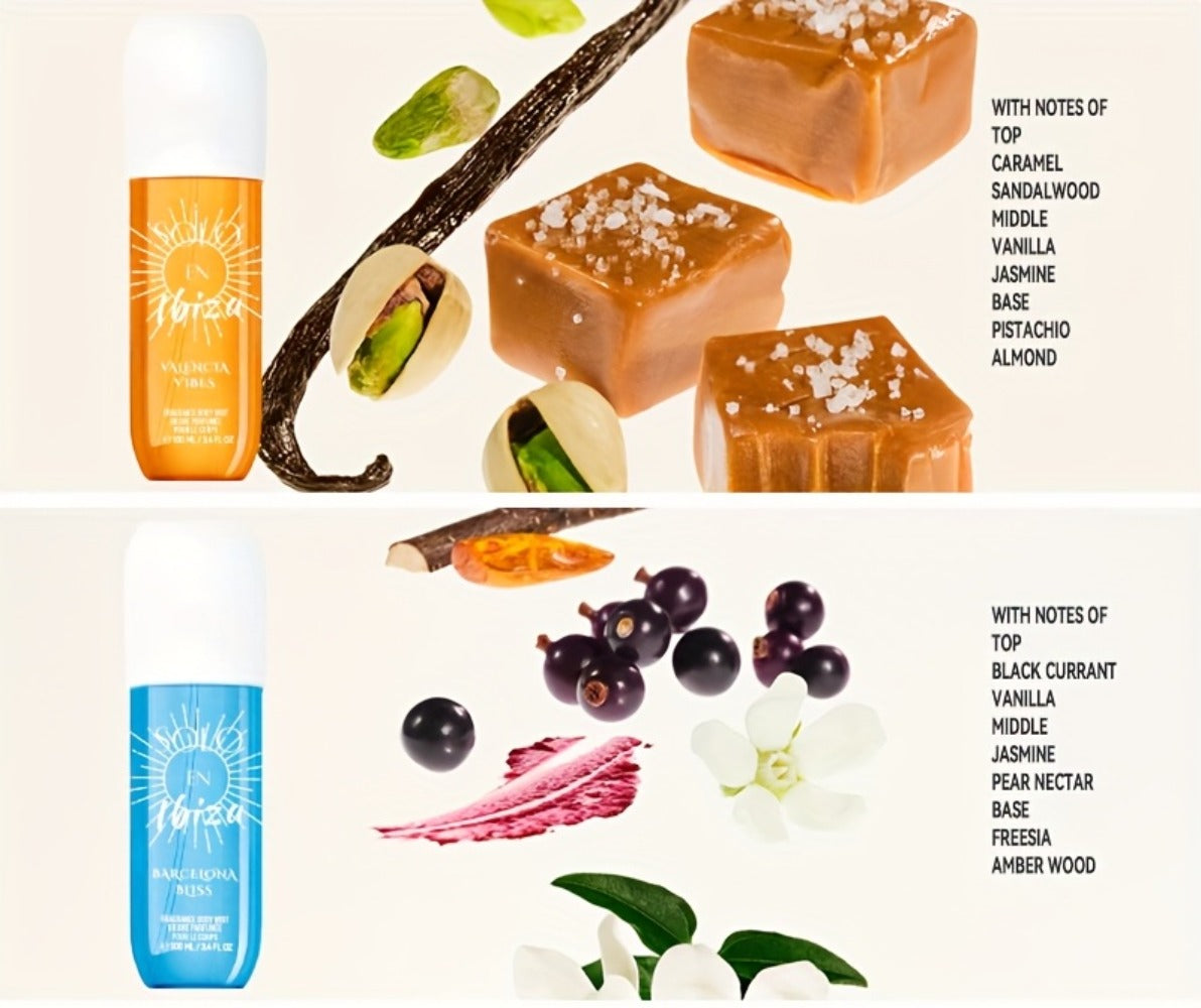 Body Hair Fragrance Mist Gift Set 2-Piece SOLO EN IBIZA Perfume Mist Body Cream Long Lasting Vanilla Fruit Scent 3.4 fl oz Unisex for Men Women 4 Scent Varieties