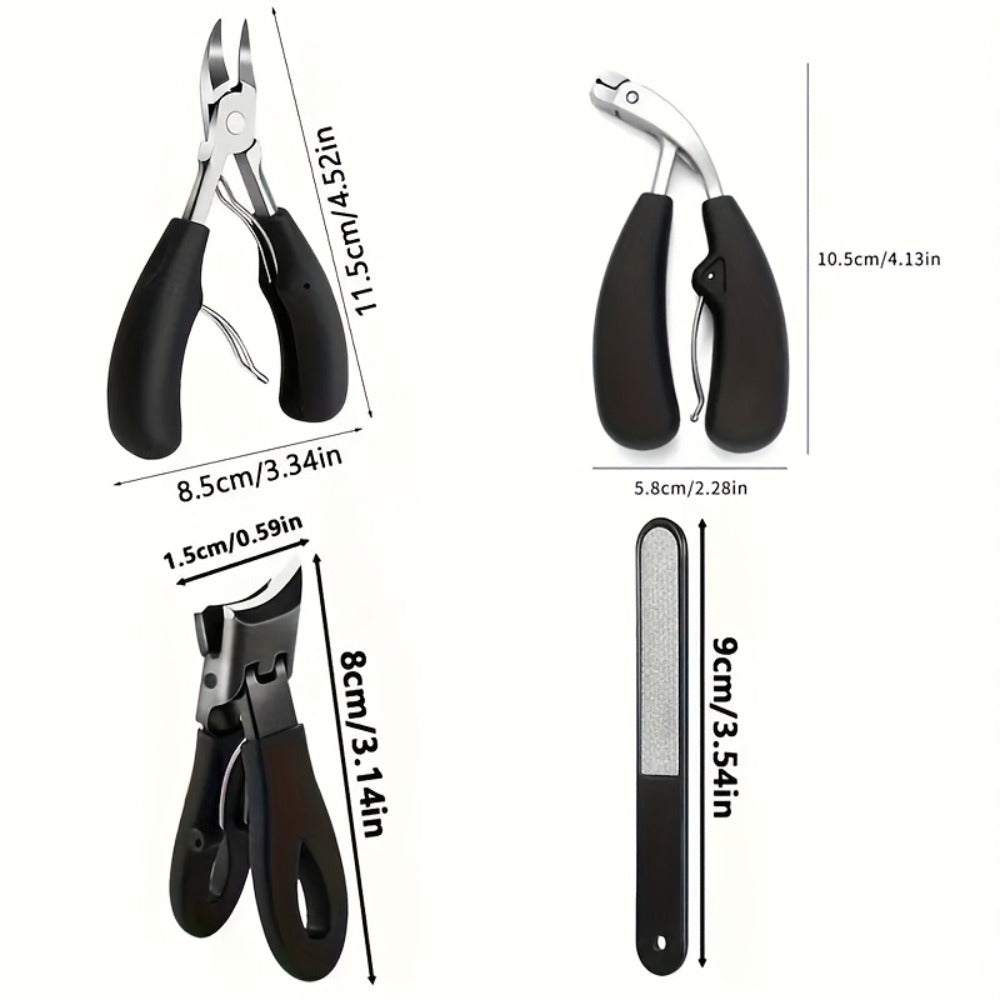 4pcs Stainless Steel Nail Care Kit for Inlaid And Thick Toenails - Heavy Duty Nail Cutter Set with Nail File - Classic Black Handle for Men, Women, Seniors