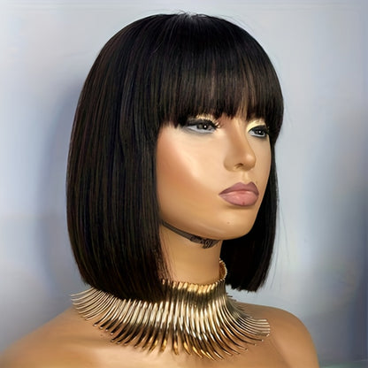 Human Hair Wig Short Bob Straight with Bangs Brazilian 200% Density Glueless Full Machine Made for Women Black 8 10 12 16 Inch Natural Hairline