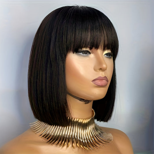 Straight Short Bob Human Hair Wigs with Bangs Brazilian Black Full Machine Made Glueless Wigs with Fringe 200% Density Wigs for Women Human Hair
