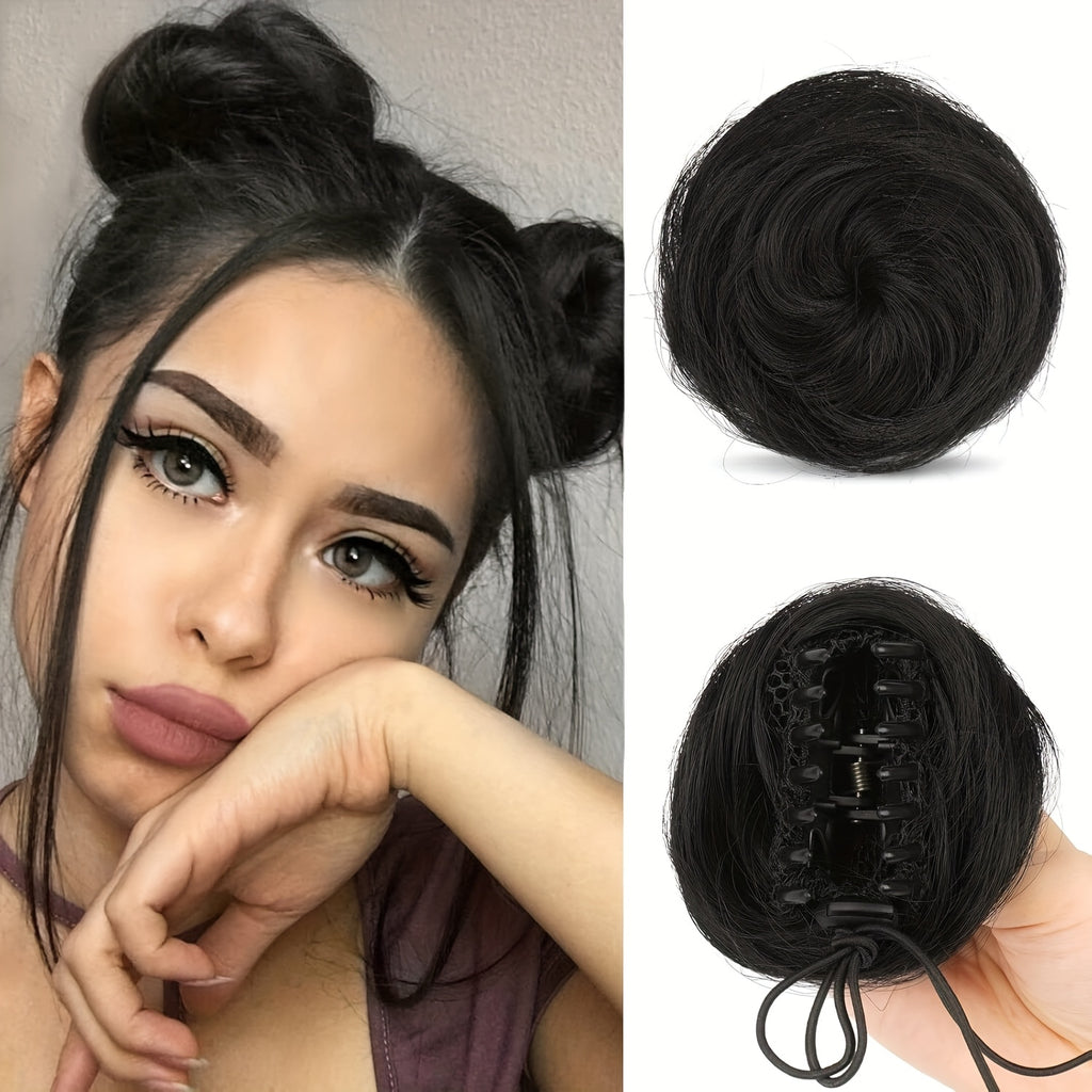 2pcs FESHFEN Clip-In Mini Donut Wig Hair Pieces with Messy Bun & Cat Ears - Synthetic Fiber Updo Extensions for Women & Girls, Instant Volume for Ponytails, Braids, Prom, Weddings, - Look -Ons