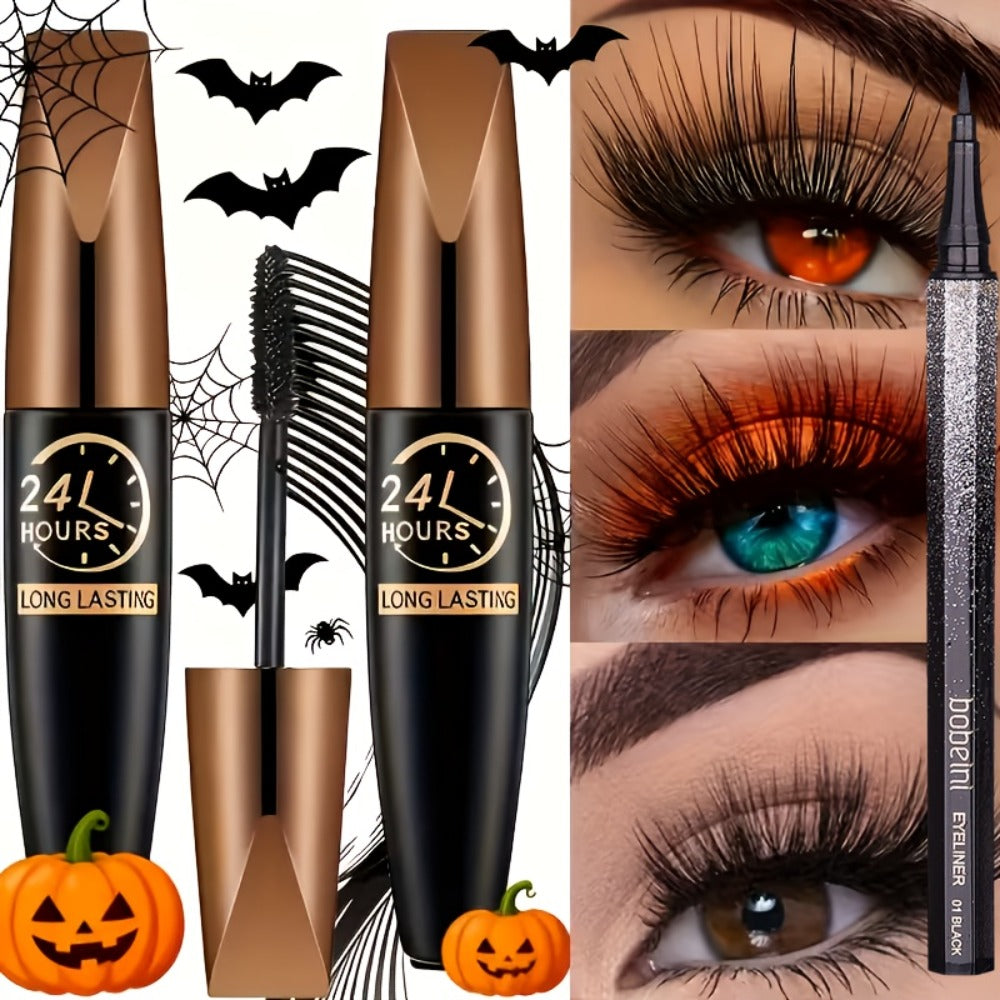 Mascara 8D Fiber Volume & Lengthening Smudge-Proof Waterproof Lash Enhancer, Long-Lasting Black Mascara Set with Eyeliner Pencil, Luxury Beauty Gift for Her