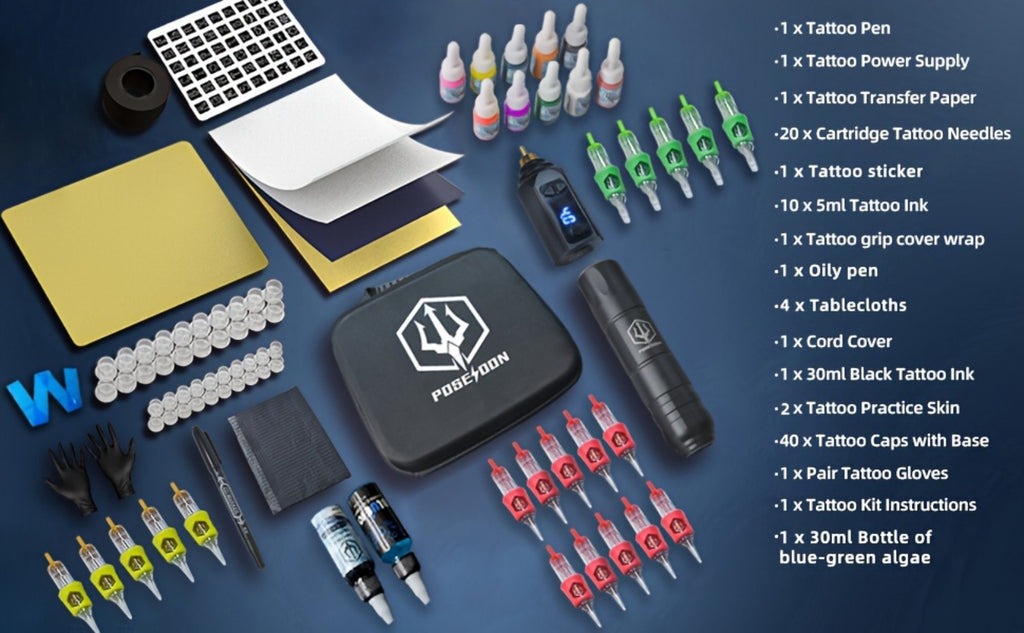 POSEIDON Tattoo Kit - Tattoo Machine Kit Tattoo Gun Kit with 20pcs Cartridge Needles Tattoo Pen Kit for Beginners Rotary Tattoo Machine Pen Kit Complete Tattoo Kit Tattoo Supplies