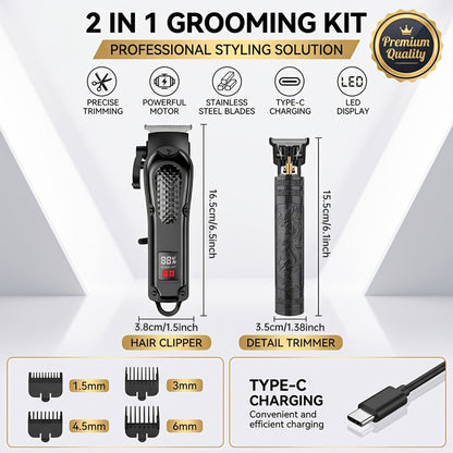 Men's Grooming Set 2pcs - Electric Hair Clipper & Detail Trimmer with USB Charging, LCD Display, Professional Hair Cutting Kit for Men, Ideal Gift for Father, Husband & Boyfriend