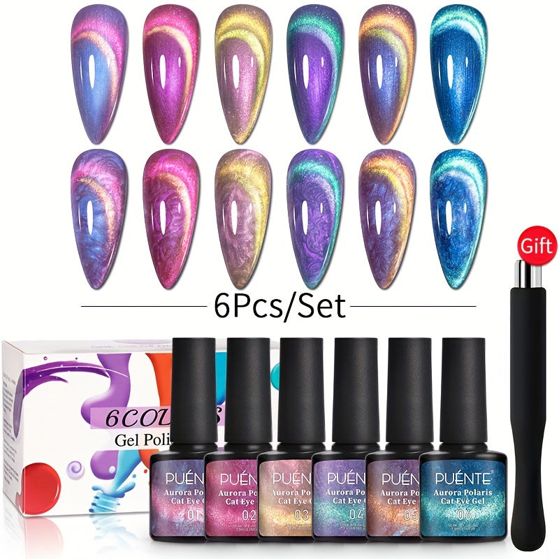 PUENTE 6pcs/set Aurora Shell Thread Cat Magnetic Gel Nail Polish With Magnet Semi-Permanent Nail Art 9D Aurora Glitter Pearl Cat Eye Gel Varnish, Soak Off Light Cured, Manicure Kit For Home Nail Salon Gift For Women