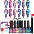 PUENTE 6pcs/set Aurora Shell Thread Cat Magnetic Gel Nail Polish With Magnet Semi-Permanent Nail Art 9D Aurora Glitter Pearl Cat Eye Gel Varnish, Soak Off Light Cured, Manicure Kit For Home Nail Salon Gift For Women