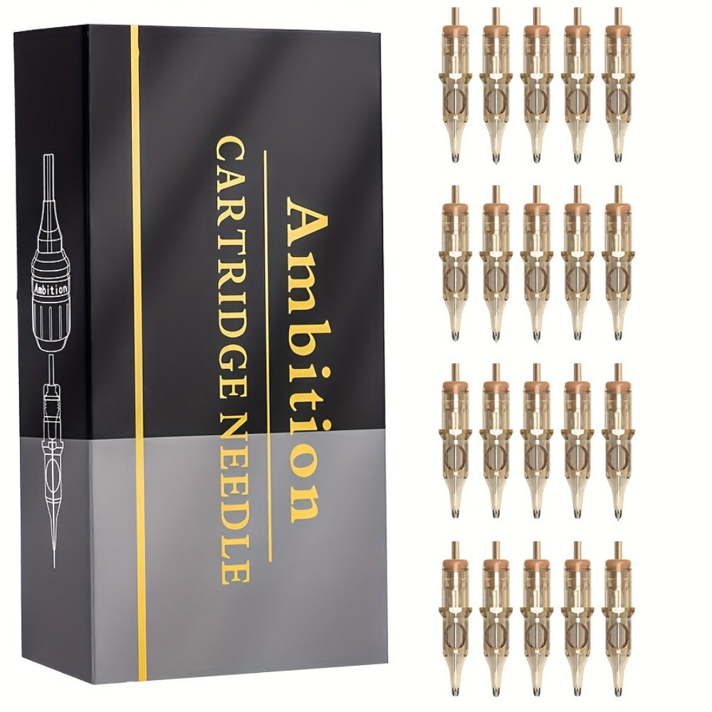 Box of 20 Ambition Tattoo Cartridge Needles in RL/RS/RM/M1 Sizes, Designed for Micropigmentation. These Disposable Needles Are Sterilized for Safe Use with Tattoo Machines