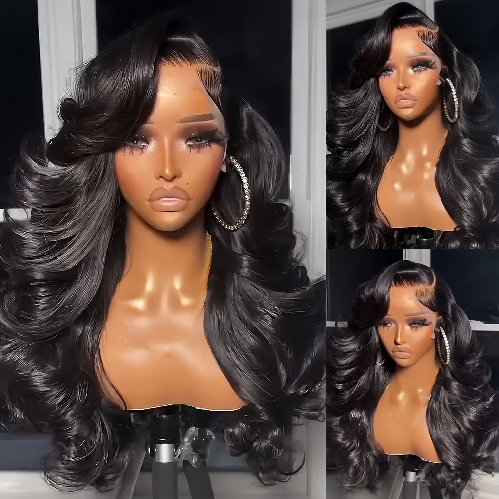 28" Long Glueless Lace Front Wig - 250% Density Natural Black Body Wave Human-like look, Heat Resistant Synthetic Hair with 13x4 HD Transparent Lace Closure, No Glue Needed for Women, Everyday & Special Events, Synthetic Lace Front Wig