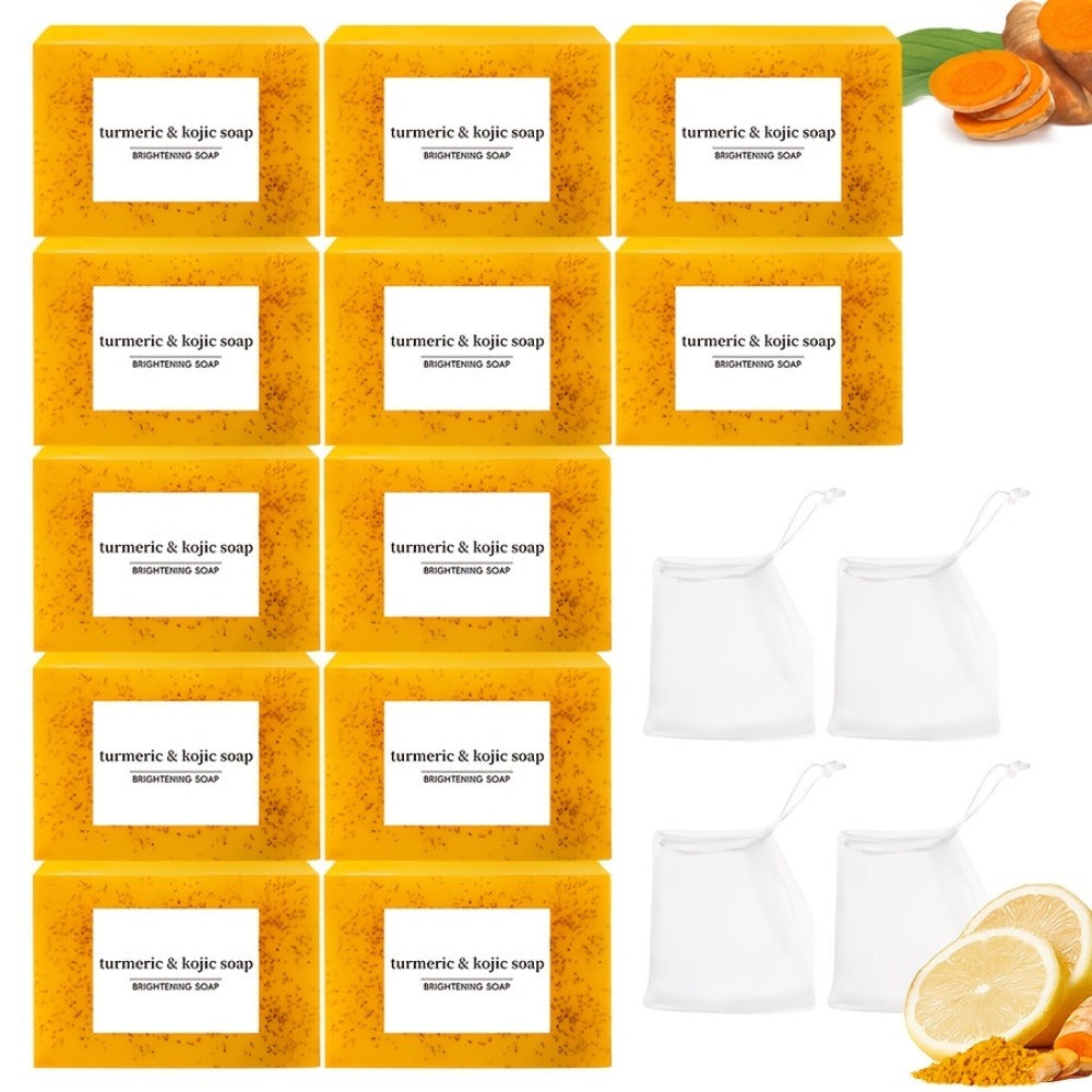 6/12pcs Turmeric Soap Set with Lemon, Turmeric Cleansing Soap, Body Soap, Handmade, Alcohol-Free, Great for Facial And Body Cleansing, Exfoliating Bath Soap, with Two Lathering Screens, Oil Control