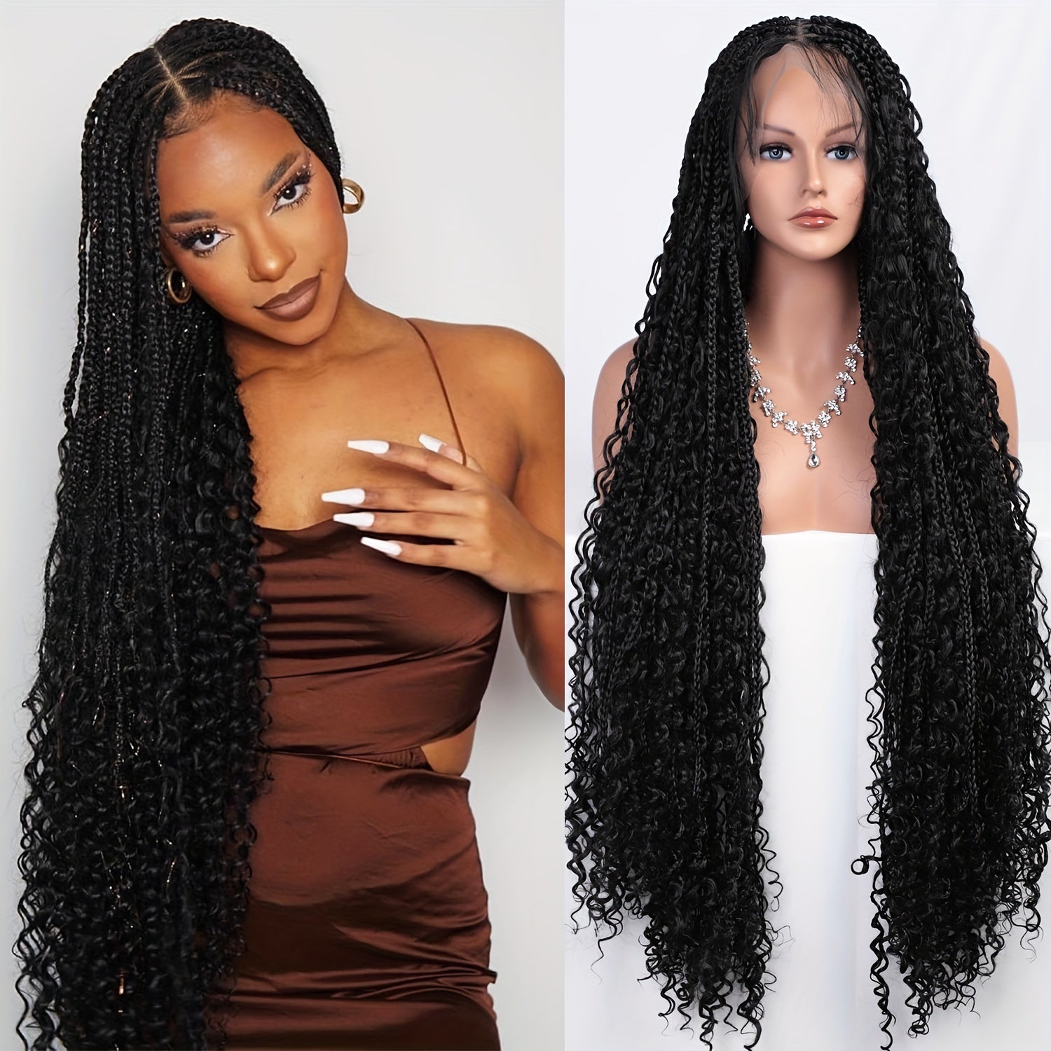 Bohemian Woven Wig Bohemian Style Square Braided Wig Knotless Goddess Braided Wig with Double Full Lace Square Artificial Woven Wig with Suitable for Women Natural Black 36 Inches