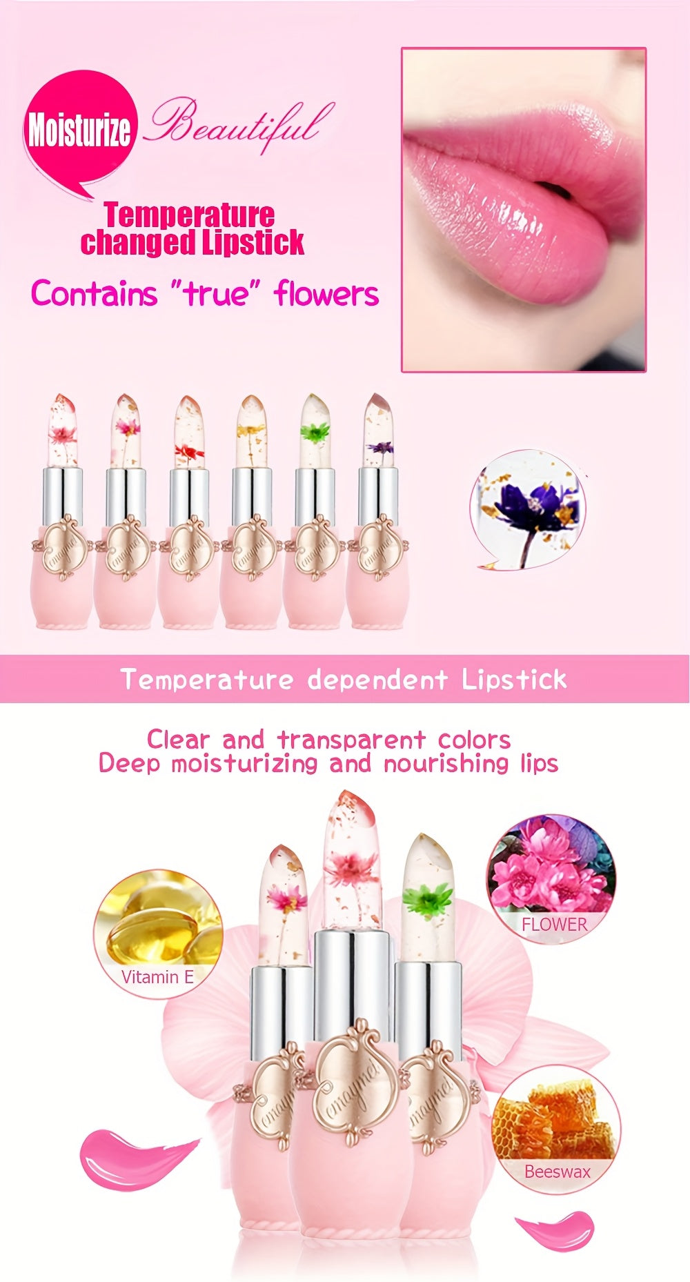[Hydrating Jelly Lipstick] Emaymei 6pcs Thermal Color-Changing Lip Balm Set - Hydrating Jelly Lipstick with Dried Flower Extract, Sheer Moisturizing & Clear Gloss (Temperature-change)
