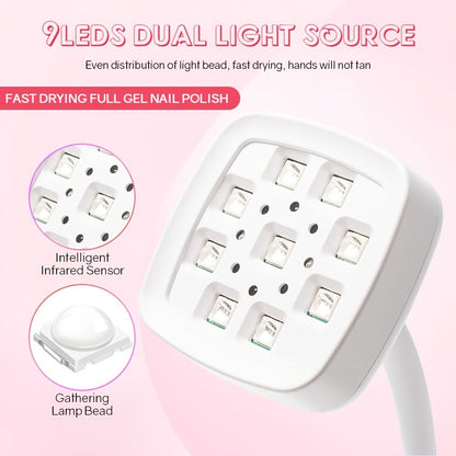 Portable LED Nail Lamp Gooseneck 360° Flexible USB Rechargeable Gel Nail Dryer with Auto Sensor LCD Display 2 Timer Settings Quick Dry for Home Salon Gel Polish Nail Art White