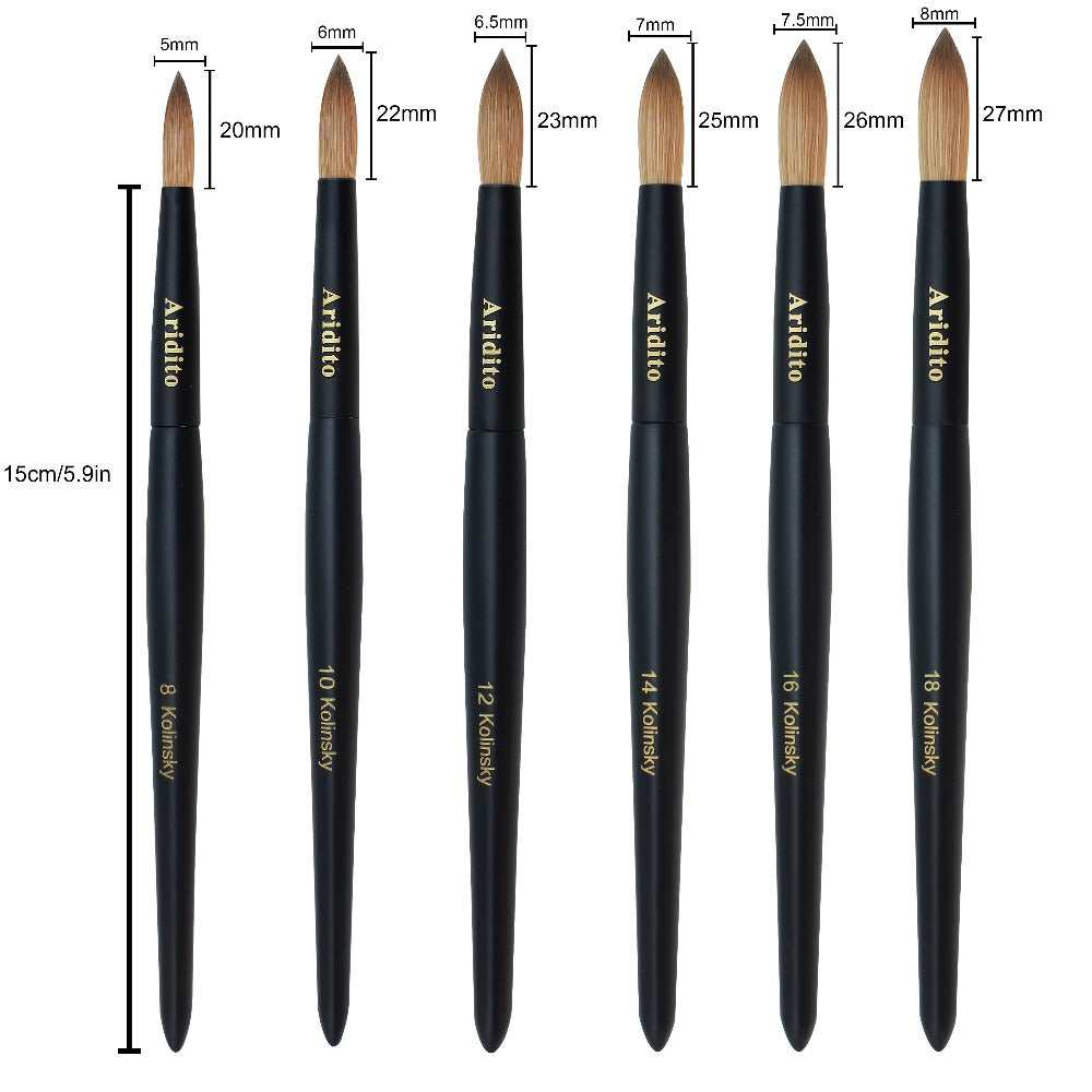 Aridito Kolinsky Round Head Acrylic Nail Art Brush Black Wooden Handle For Professional Manicure Home Salon(#8, #10, #12, #14)