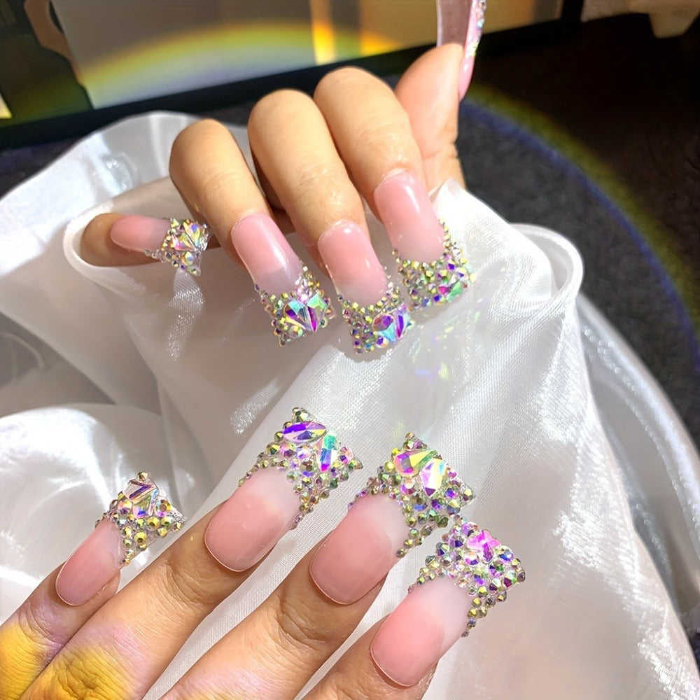 10pcs 1.18inch Long French AB Diamond Shiny Duckbill Nude Color Versatile Pure Handmade Wearable Nails Press-On Artificial Nails Suitable for Back-To-School Season, Parties, Dates, Weddings