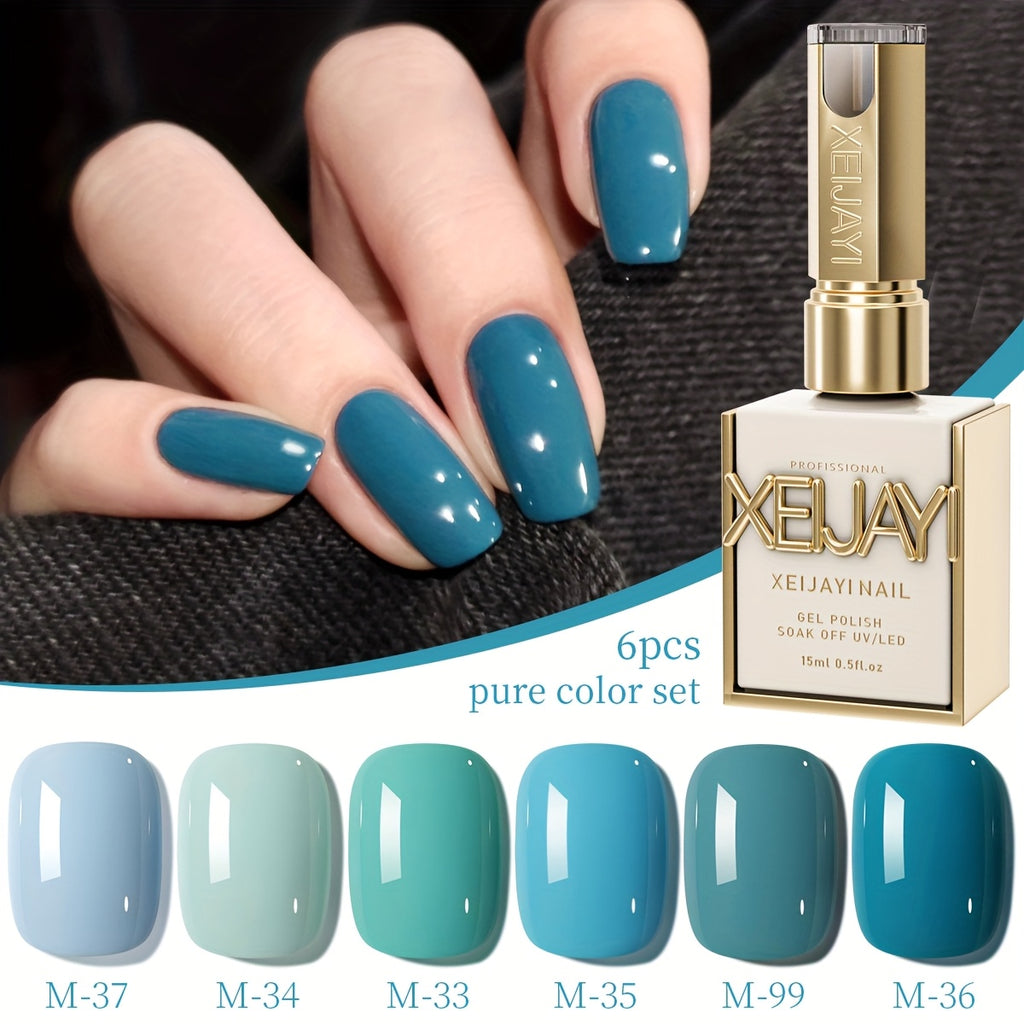 XEIJAYI 6-Color Peacock Blue & Sapphire Blue Nail Gel Set - High Saturation Salon & Gel Polish, Smooth & Durable Long-Lasting Formula, Alcohol-Free, 6 Shades (Light Blue to Navy) for Manicures/Pedicures, Christmas Gift for Women
