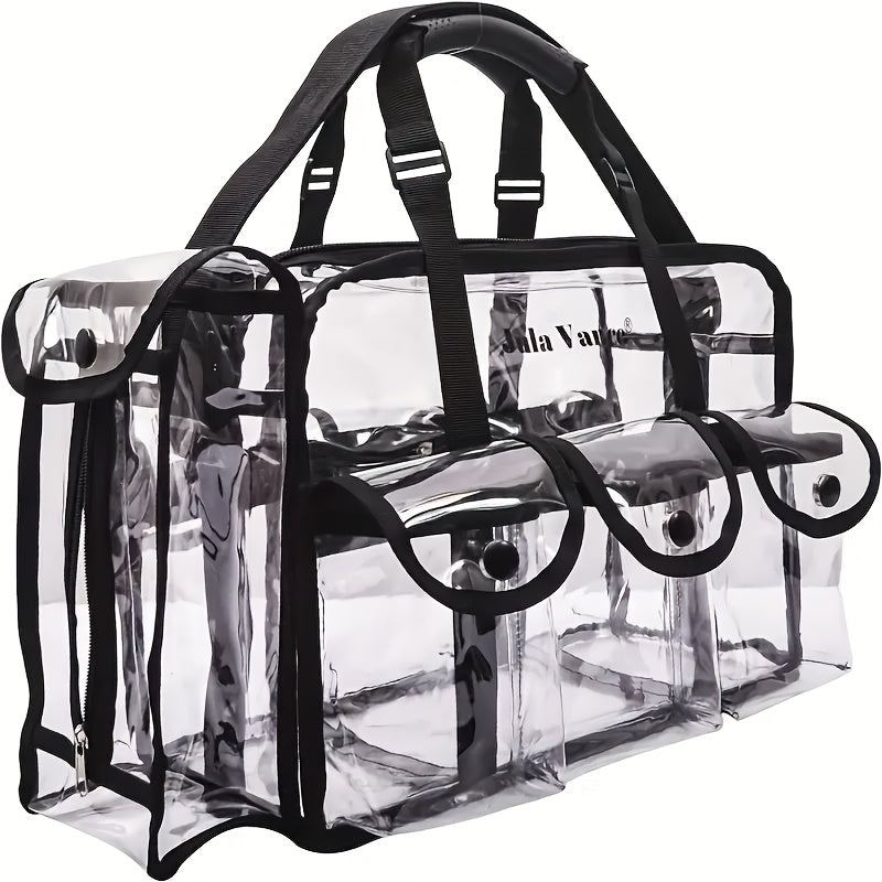 Clear PVC Bag Extra Large Transparent Stadium Approved Tote with Adjustable Shoulder Straps 3 External Pockets Travel Bag for Men Women