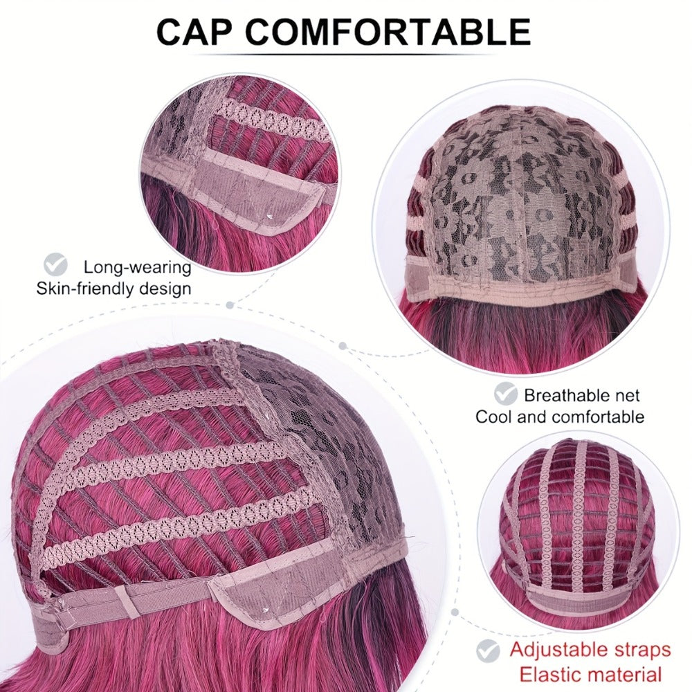 Long Wavy Wig with Air Bangs for Women — 28 Inch Rose Red Gradient, 150% Density Heat Resistant Synthetic Hair, Rose Net Cap, Curly Wave Style, Parties Halloween Christmas Daily Wear