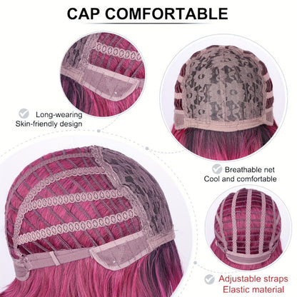 Long Wavy Wig with Air Bangs for Women — 28 Inch Rose Red Gradient, 150% Density Heat Resistant Synthetic Hair, Rose Net Cap, Curly Wave Style, Parties Halloween Christmas Daily Wear