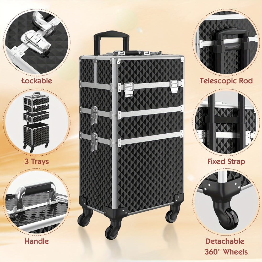 Rolling Makeup Train Case with Makeup Sponges Set, Large Storage Cosmetic Trolley 3in 1 Large Capacity Trolley Makeup Travel Case with Key Swivel Wheels Salon Barber Case Traveling Cart Trunk