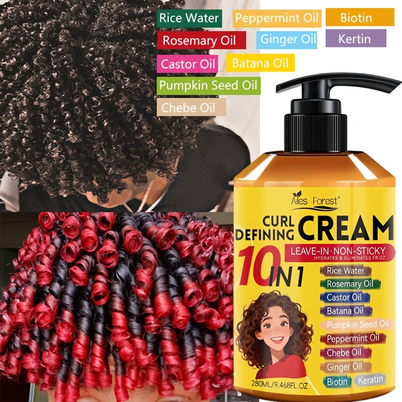 1 Bottle 9.47 oz 10-in-1 Curl Defining Cream | Moisturizing, Leave-in Non-Sticky Styling Cream for Adults - Enhances Curl Definition and Hydrates Hair, Suitable for Normal, Wave, and Curly Hair, Unisex, Fashionable Bottle Design