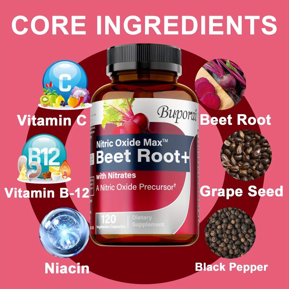 Nitric Oxide Beet Root - with Nitrates, Beet Root Powder, Black Pepper, Blood Pressure and Heart Health, Supports Nitric Oxide Production, Antioxidants - 120pcs