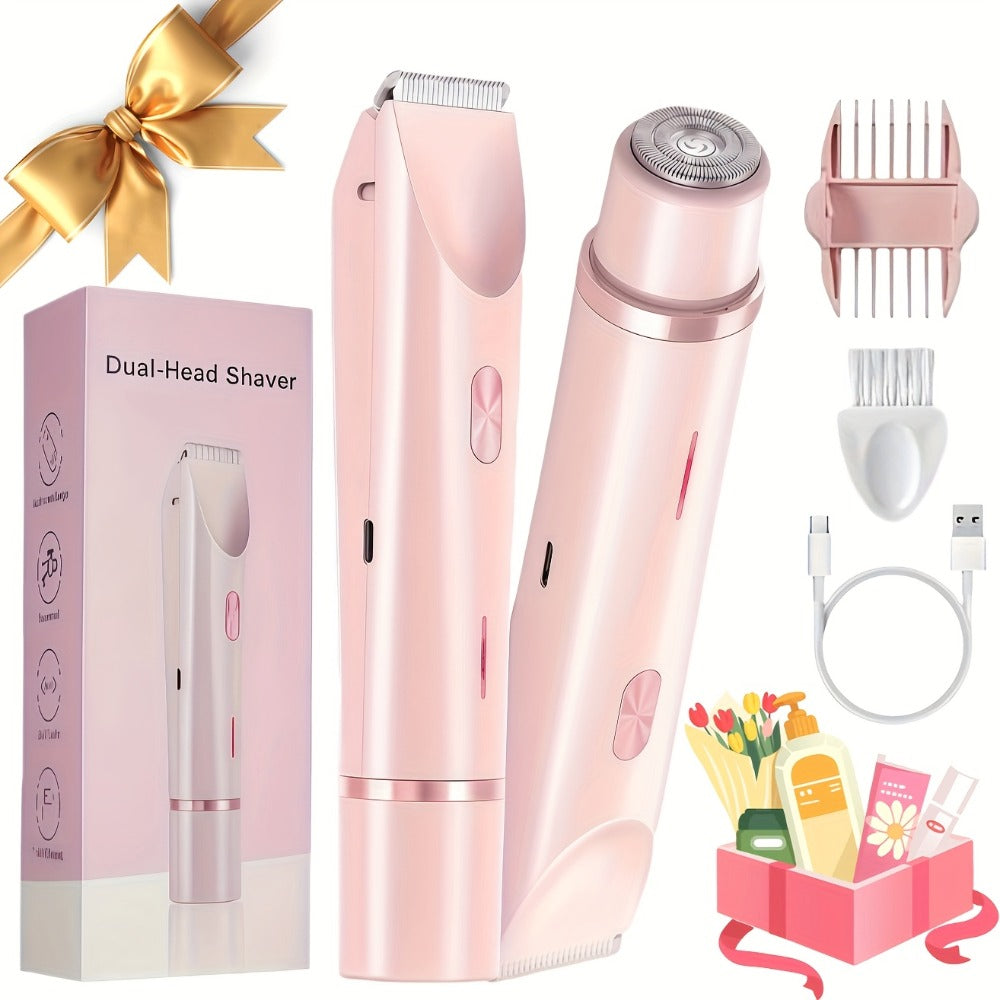 2in 1 Pink Dual Head Bikini Trimmer Women Electric Shaver, IPX7 Waterproof Wet & Dry Use Body Hair Trimmer and Facial Hair Remover for Bikini Underarm Leg Arm Body Face