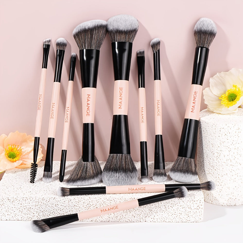 10pcs MAANGE Professional Double-Headed Blush And Eyeshadow Makeup Brush with Cosmetic Bag - Dual-Ended Facial Brush Suitable for Beginners And Pros, Soft Nylon Bristles, Non-Sticky Face, Precise Application for Powder/Products