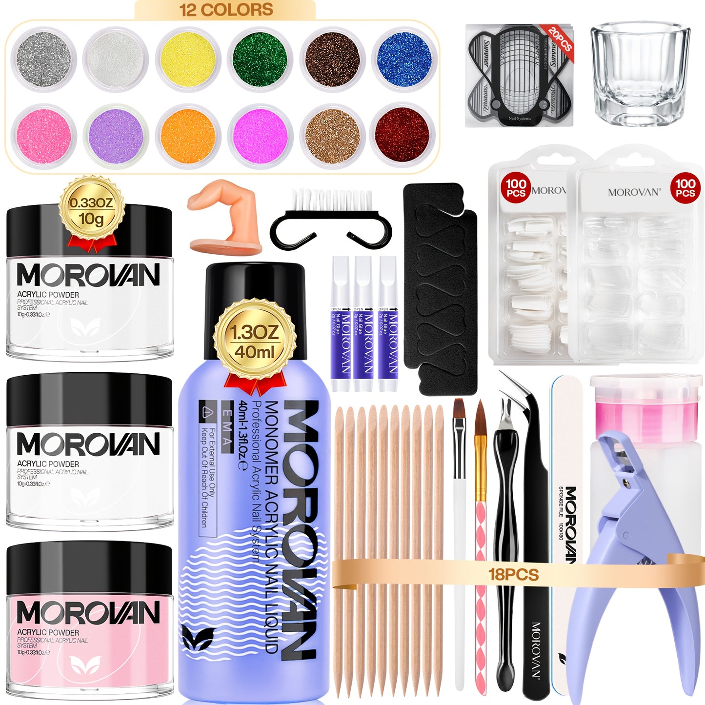 Nail Art Set Complete Kit - Pink Clear White Acrylic Powder 12 Color Glitter Powder 1.35oz Nail Liquid Nail Clippers Tool Kit All-in-One Stunning Nails Gift