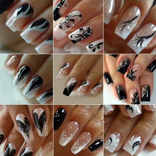 216pcs Elegant Press-On Nail Set in Black & White with Glitter Accents - Includes 3D Butterfly, Floral, And Fox Tail Designs, Medium Square Acrylic Nails for Women & - Comes with Jelly Glue & File, Fashion Nail Art|Elegant Nail Designs|Intricat