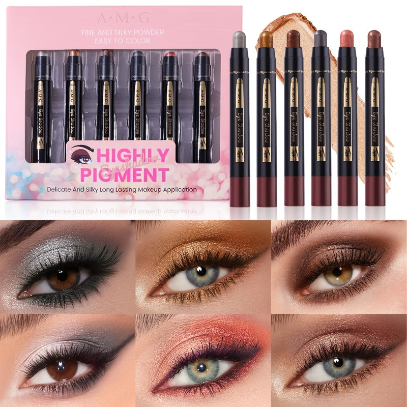 6-Color Multifunctional Eyeshadow Pencil Set | Waterproof Metallic and Matte Eyeshadow Sticks, Multicolor Highlight Eyeliner, Long-Lasting High Glitter and Neutral Brown Crayons | Ideal for Christmas, Anniversary, Black Friday Gifts