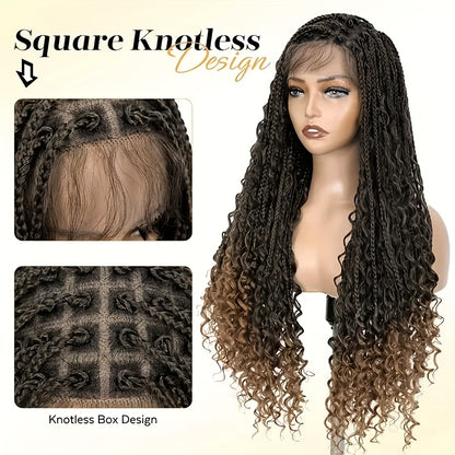 Bohemian Box Braids Wig 360 Full Lace Knotless Goddess Braided Wig for Women 36 Inch Synthetic Hair Natural Black Honey Blonde Burgundy Lightweight Breathable Daily Party