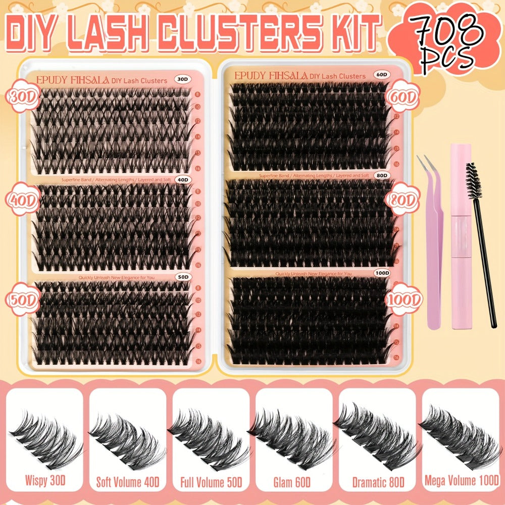 Lash Clusters Kit 708pcs 8-16Mm Mixed 30D-100D Lashes Clusters Kit with Glue, Tweezers And Brush, Mega Volume Cluster Lashes for Natural Or Dramatic Eye Makeup, Soft Reusable Eyelash Clusters Kit for Long Lasting Salon Style Look Easily at Home
