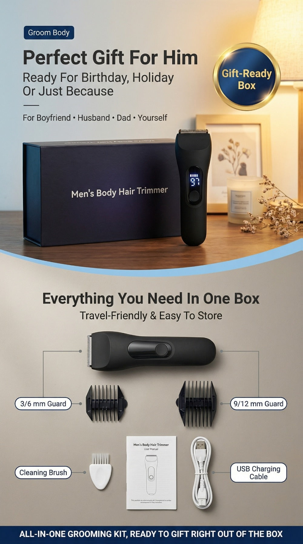 [5-in-1] TAZTIR Men's Beard Trimmer and Full Body Grooming Kit, IP67 Waterproof Electric Razor, Suitable for Facial Beard, Chest Hair, and Private Areas, USB Rechargeable Hair Clipper, LED Display, Skin-Friendly Ceramic Blades Gift Box Set