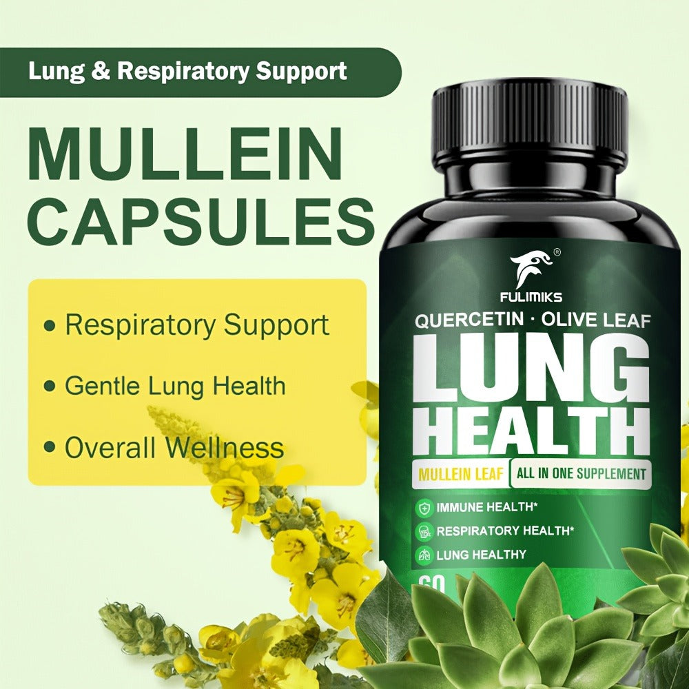 Lung Health Supplement Capsules, with Mullein Leaf, Olive Leaf Extract, for Respiratory & Lung Health, Immune Support, Day & Night Use, Family Wellness Gift