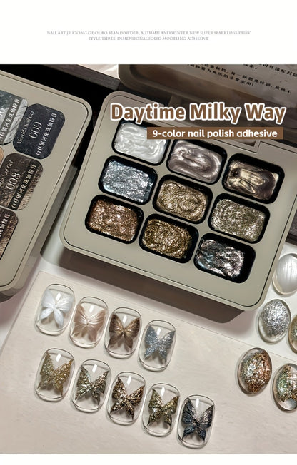 Fairy Powder Nail Art Gel Set 9 Colors - Nine-Grid Special Effect Milky Way Galaxy Gel Polish Alcohol Free UV LED Soak Off - Long Lasting Glitter Nail Gel for Salon & Home DIY Women