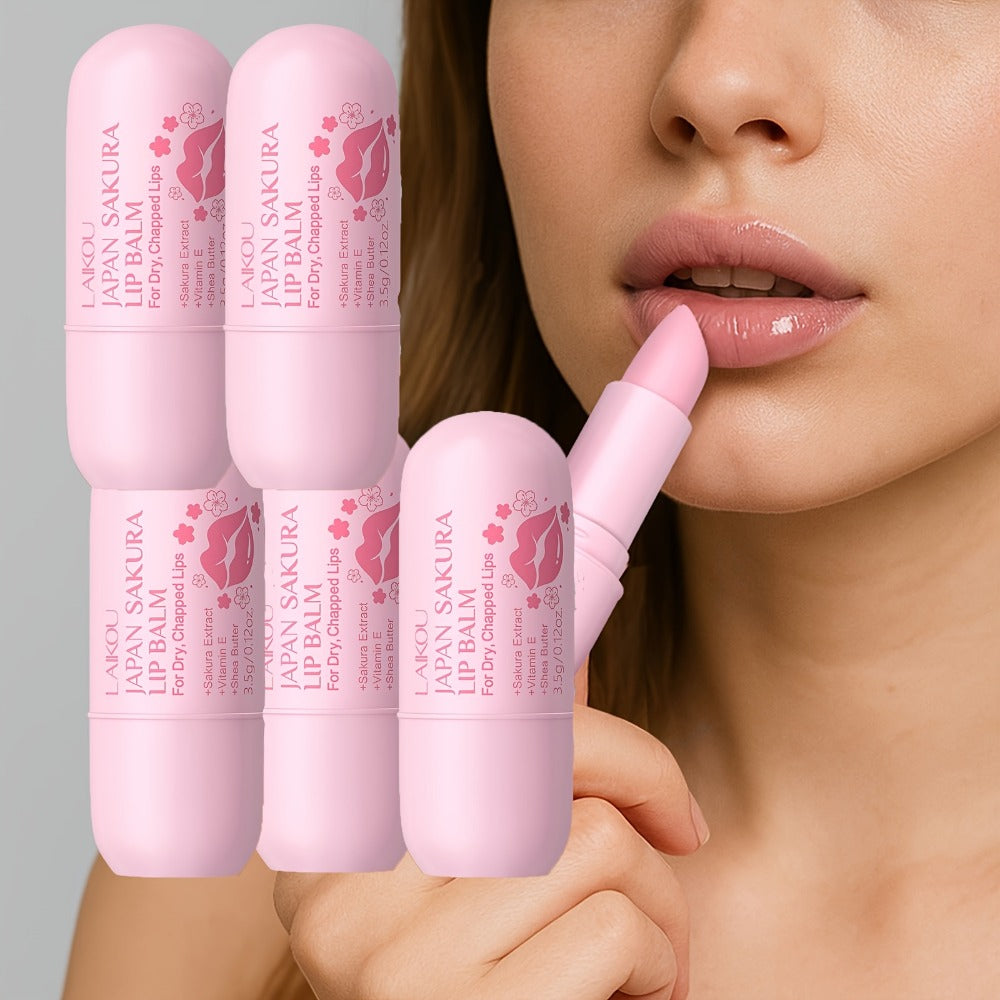 Set of 5 LAIKOU Sakura Lip Balms, Each Weighing 3.5G/0.12Oz, Featuring a Gentle Formula with Prunus Lannesiana Flower Extract, Suitable for Day And Night Use, Providing Moisturizing Lip Care, Convenient for Travel