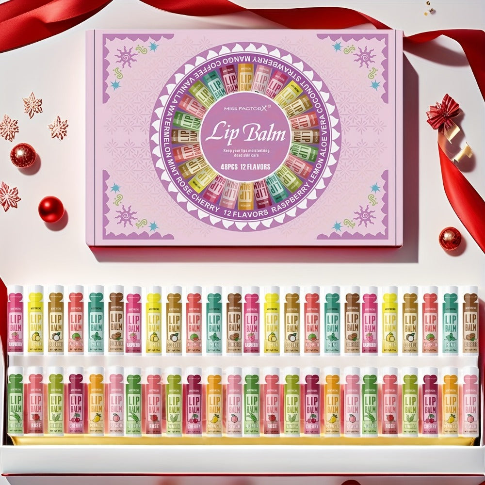Lip Balm Gift Set 48pcs MISS FACTORX - Moisturizing Lip Butter with Glycerin, Hypoallergenic Natural Finish for All Skin Types, Unisex Adult Lip Care Collection, Valentine's Mother's Day Gift