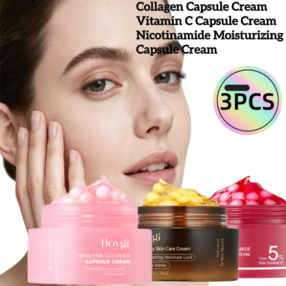 3pcs PDRN Collagen Capsule Cream&Vitamin C Capsule Facial Cream&Nicotinamide Capsule Cream with Capsule Technology, Moisturizes And Locks In Moisture. Suitable for Day And Night Use.valentines Day Gifts, Fall Winter Skincare, Aift Sets for Women