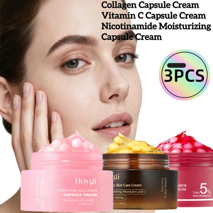 PDRN Collagen Capsule Cream Set 3pcs Vitamin C Niacinamide Capsule Technology Deep Moisturizing Day Night Face Cream - Fall Winter Skincare Gift Set for Women