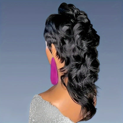 Pixie Cut Mullet Wig with Bangs for Women Curly Wave Synthetic Short Hair Wig 150% Density Rose Net Cap Heat Resistant Fiber Natural Realistic Look Low Maintenance