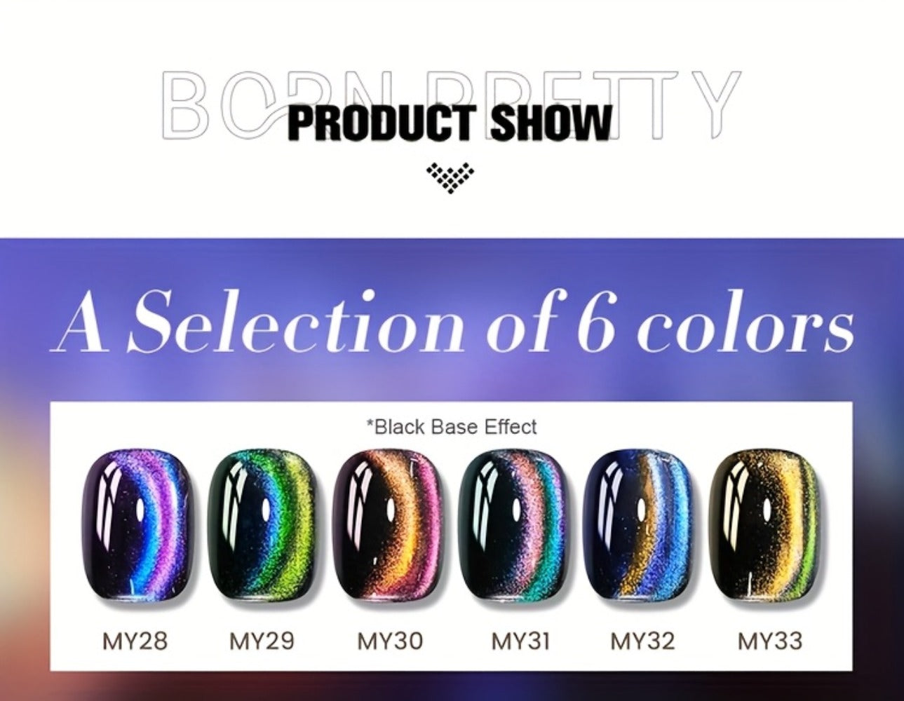 Cat Eye Magnetic Gel Nail Polish 6 Colors — 9D Polaris Glass Water Light Effect, Semi-Permanent Soak Off LED Gel, 0.34oz Each | BORN PRETTY Nail Gel Set