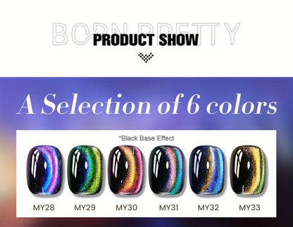 Cat Eye Magnetic Gel Nail Polish 6 Colors — 9D Polaris Glass Water Light Effect, Semi-Permanent Soak Off LED Gel, 0.34oz Each | BORN PRETTY Nail Gel Set