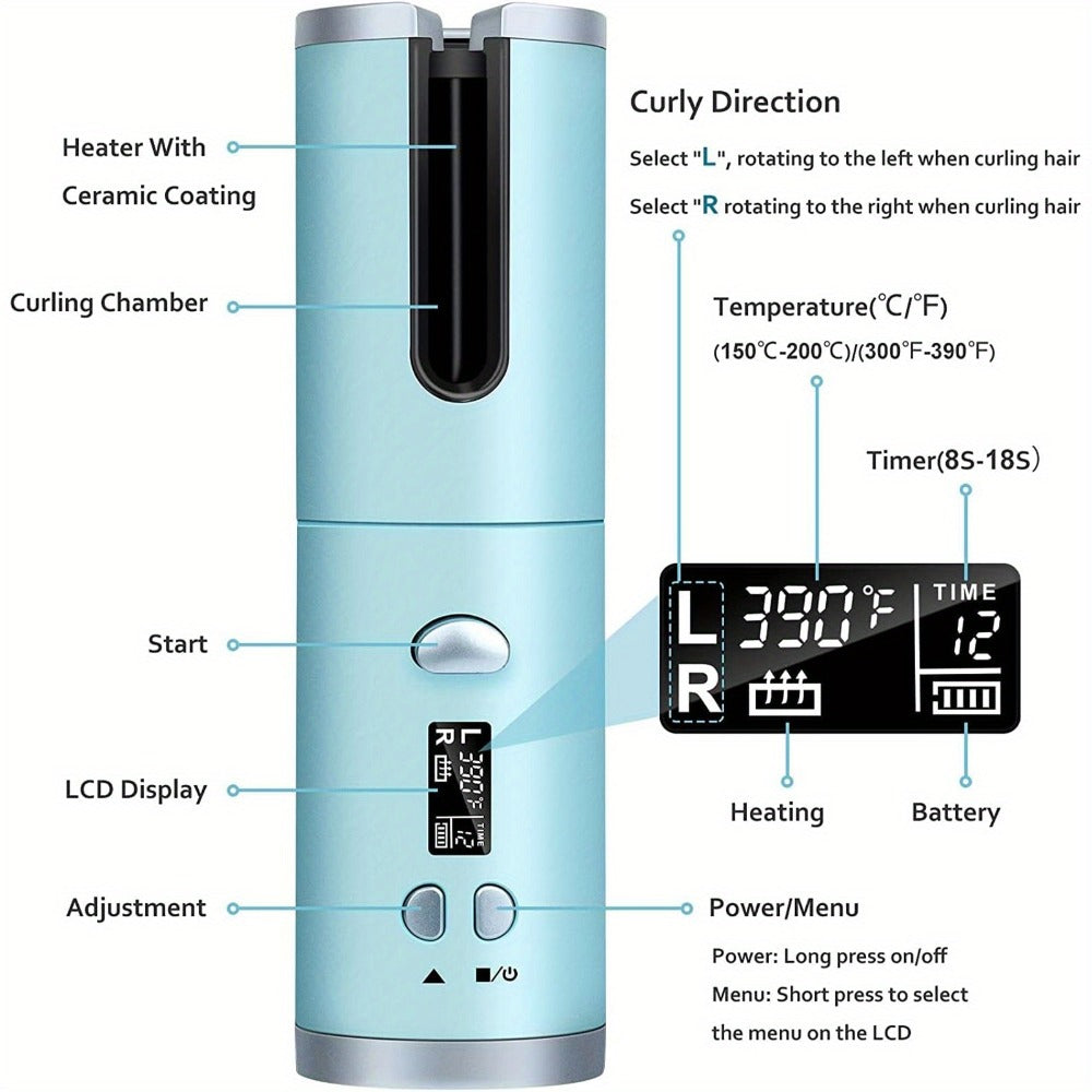 Automatic Curler, Portable Curler, Cordless Rotating Curler with 6 Temperatures, LCD Display USB Rechargeable, Fast Heat-Up And Auto-Off for Hair Styling, Mother'S Day Gift, Birthday Gift (Additions: 1 X Storage Bag And 4 X Hair Clips And 1 X Comb)