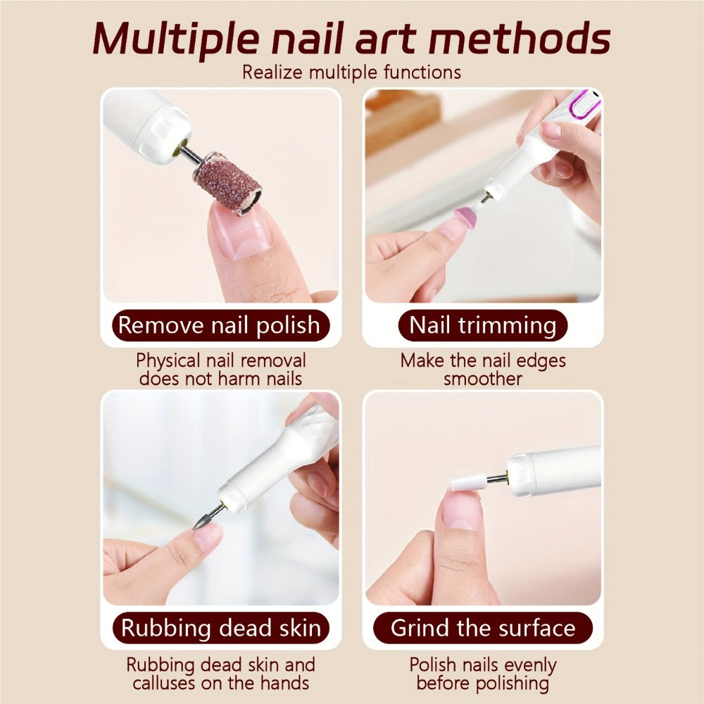 Electric Nail Drill with Portable File And Accessory Bits for Manicure And Nail Care, Featuring Adjustable Speed.