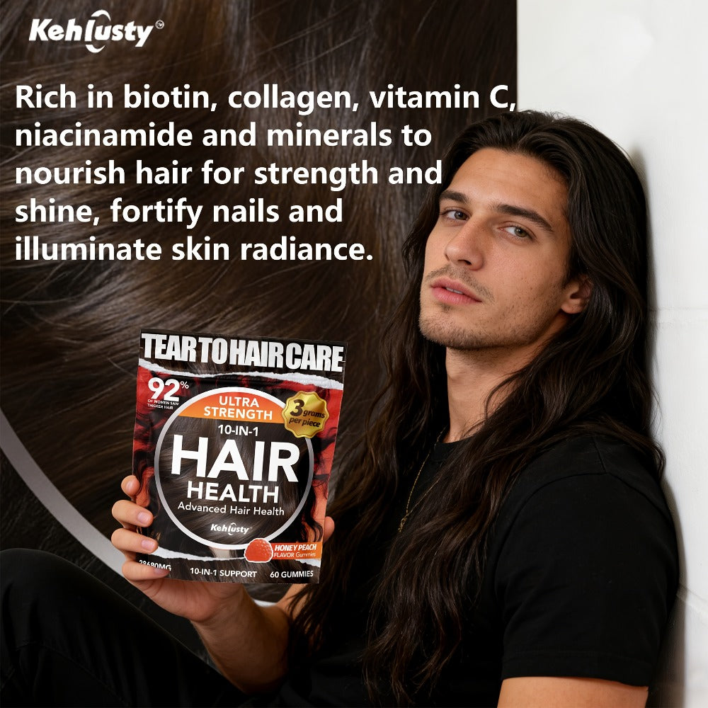 [Hair Thickening Gummy] 10-In-1 Hair Thickening Gummy Supplement - Contains Biotin, Vitamin C, Collagen And Zinc, Nourishes Skin And Supports Strong, Healthy Nails, Promotes Hair Thickness, Suitable For Men And Women, Peach Flavour, 60 Gummies, Local Ware