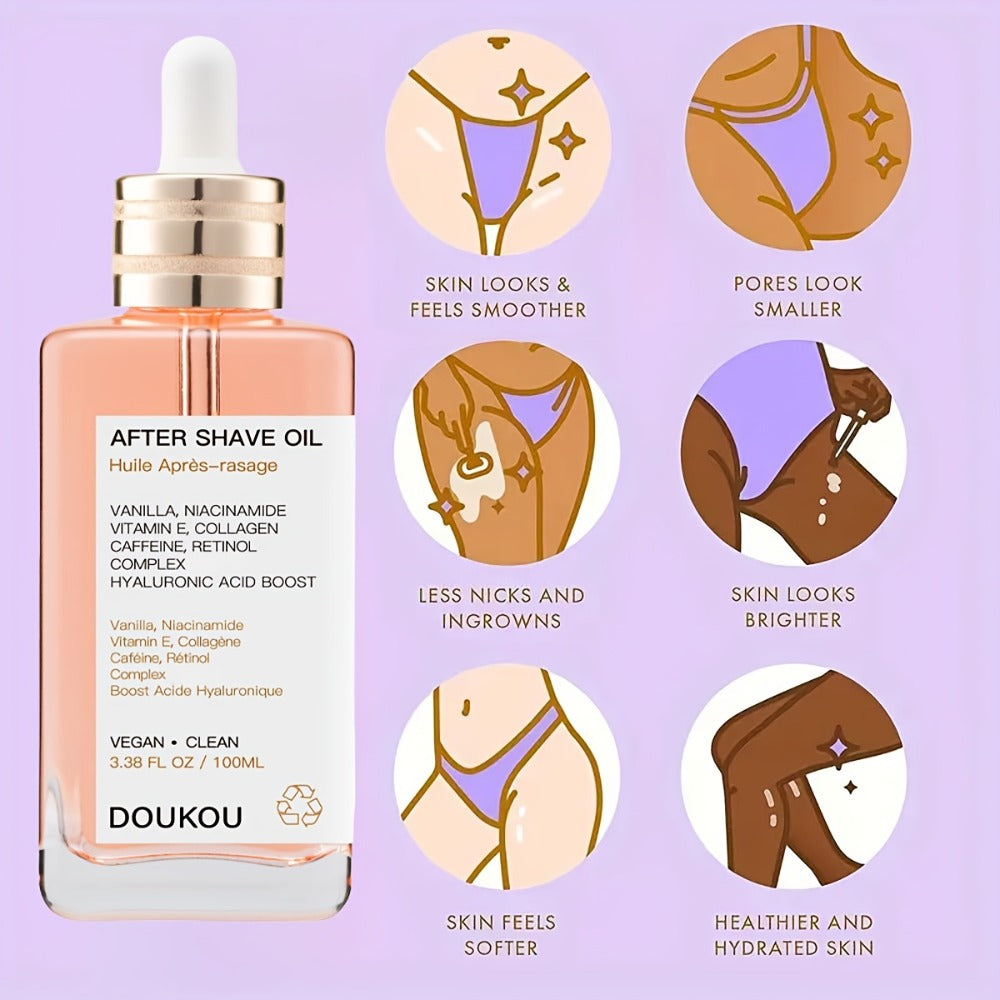 Vanilla Aftershave Oil Enriched with Essential Oils, Featuring Vanilla, Collagen, Vitamin E, Caffeine, Retinol, And Niacinamide. It Provides Hydration, Prevents Ingrown Hairs for a Smooth End, And Is Suitable for Hair And Skin Care, Massage