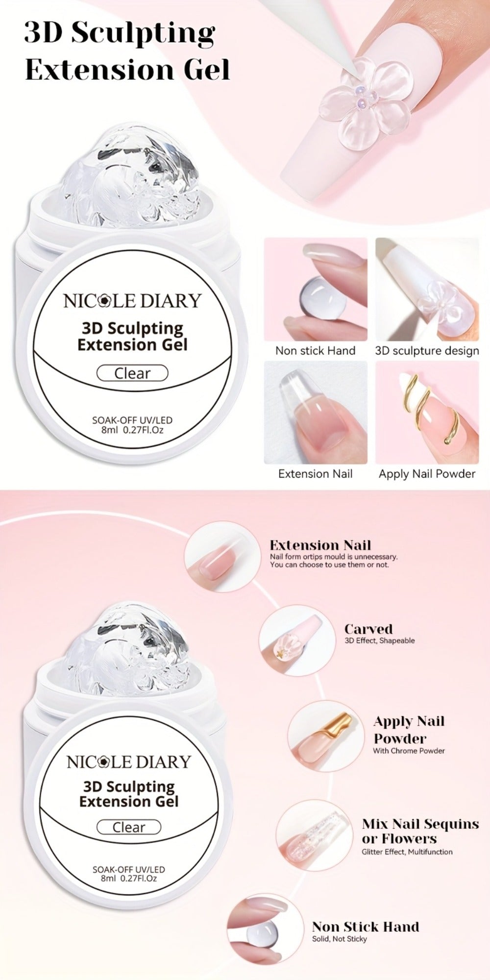 NICOLE DIARY 2pcs/3pcs 3D Carving Nail Gel Polish with Carving Pen White Clear 3D Sculpting Flower Gel Extension Gel Nail Nail Art Carving Gel Modeling Gel Nail Polish Manicure Nail Salon Home Use