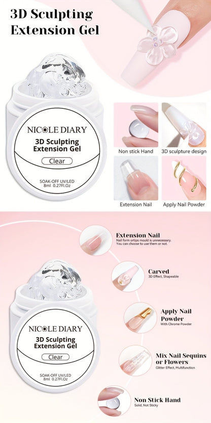 3D Sculpting Builder Gel Kit with Carving Pen — Clear & White Nail Extension Gel for Floral Nail Art, Acrylic Extensions & DIY Salon Manicure, Professional Nail Modeling Gel Set 2pcs or 3pcs for Women